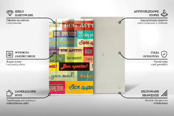 Tábua de corte de vidro Bon appetit legendas idiomas