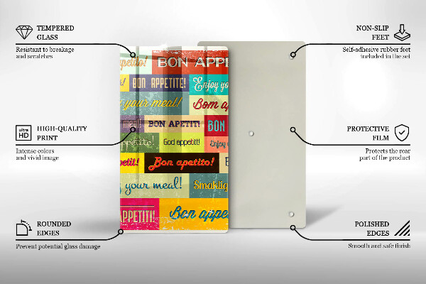 Tábua de corte de vidro Bon appetit legendas idiomas