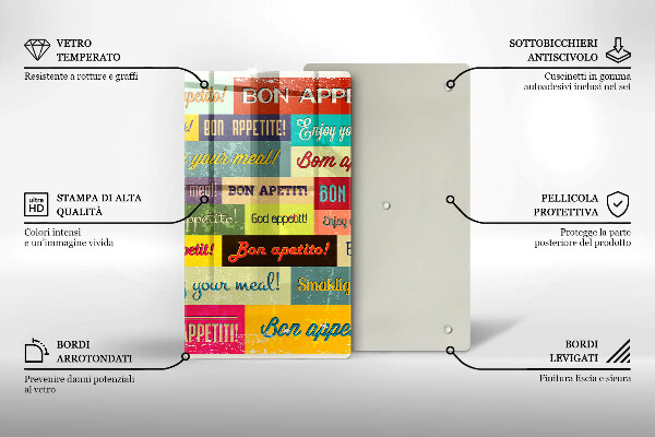 Tábua de corte de vidro Bon appetit legendas idiomas