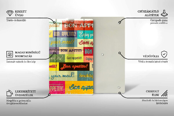 Tábua de corte de vidro Bon appetit legendas idiomas
