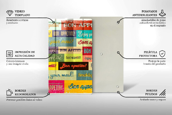 Tábua de corte de vidro Bon appetit legendas idiomas
