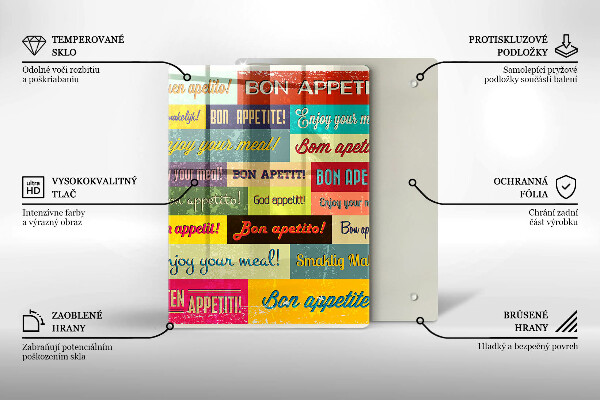 Tábua de corte de vidro Bon appetit legendas idiomas