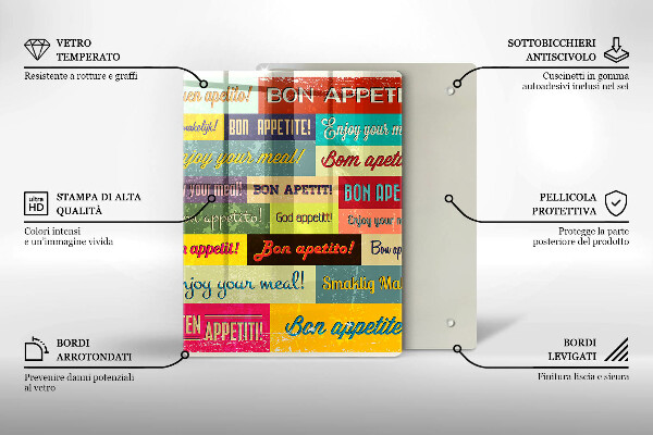 Tábua de corte de vidro Bon appetit legendas idiomas