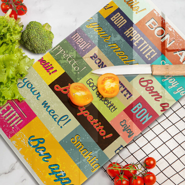 Tábua de corte de vidro Bon appetit legendas idiomas