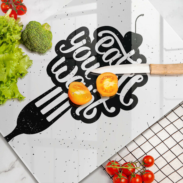 Tábua de corte de vidro A inscrição Coma tudo que você quiser