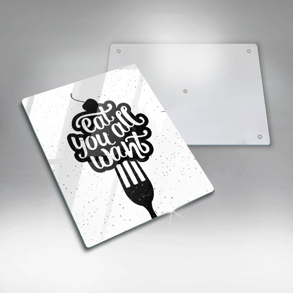 Tábua de corte de vidro A inscrição Coma tudo que você quiser