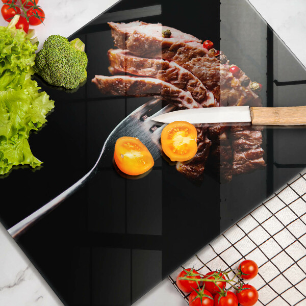 Tábua de corte de vidro Carne no garfo