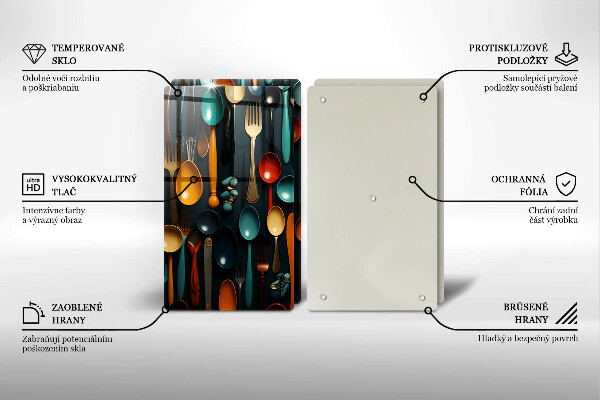 Tábua de corte de vidro Colheres e garfos coloridos