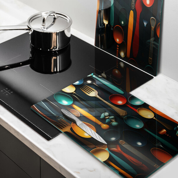 Tábua de corte de vidro Colheres e garfos coloridos