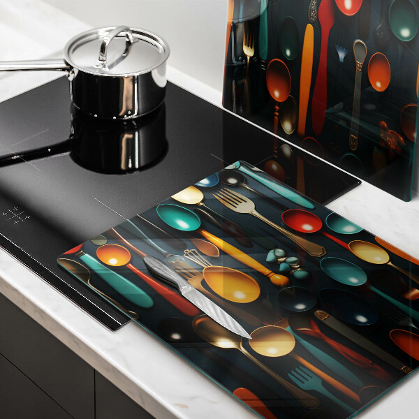 Tábua de corte de vidro Colheres e garfos coloridos