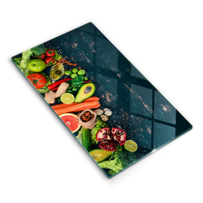 Tábua de corte de vidro com estampa de frutas e vegetais