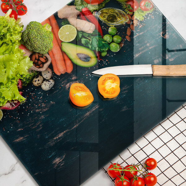 Tábua de corte de vidro com estampa de frutas e vegetais