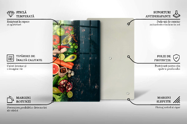 Tábua de corte de vidro com estampa de frutas e vegetais
