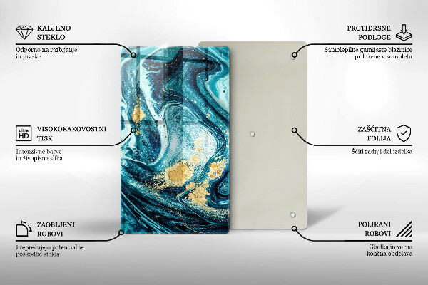 Tábua de cortar de vidro com estampa abstrata azul e dourado