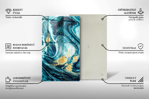 Tábua de cortar de vidro com estampa abstrata azul e dourado