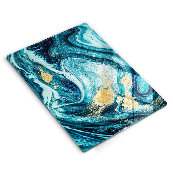 Tábua de cortar de vidro com estampa abstrata azul e dourado