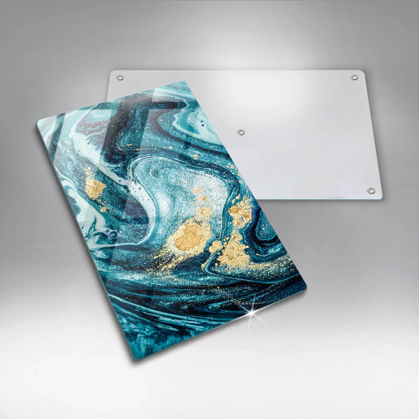 Tábua de cortar de vidro com estampa abstrata azul e dourado
