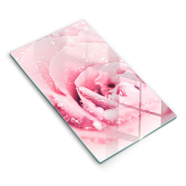 Tábua de cozinha com estampa de gotas de orvalho e flor de rosa