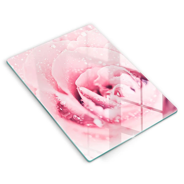 Tábua de cozinha com estampa de gotas de orvalho e flor de rosa