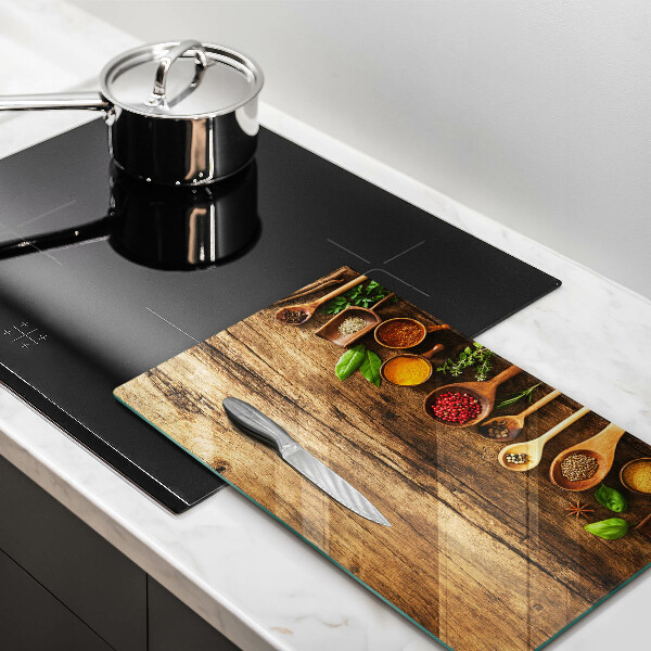 Tábua de cortar de vidro Colheres de madeira para especiarias