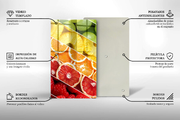Tábua de cortar alimentos com estampa de frutas coloridas