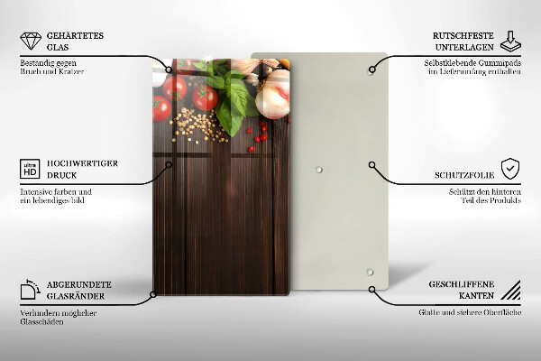 Tábua de corte de vidro decorada com vegetais