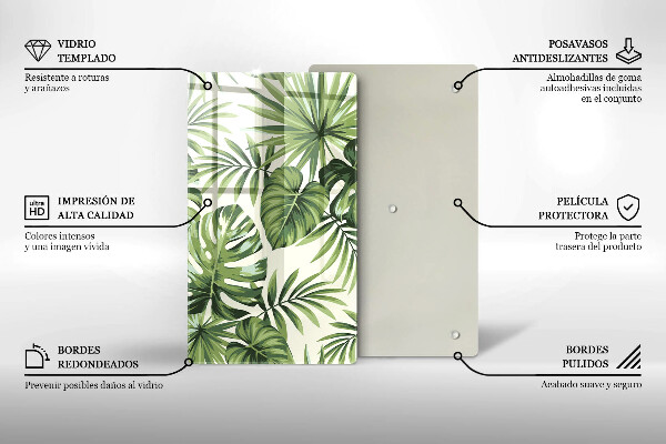 Tábua de vidro com ilustração de folhas de monstera