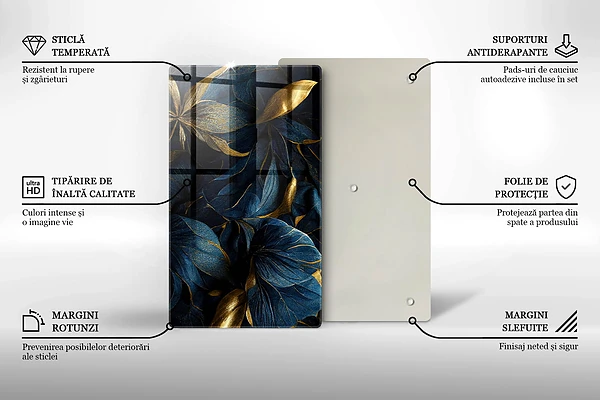 Tábua de corte com estampa de folhas decorativas e detalhes em ouro