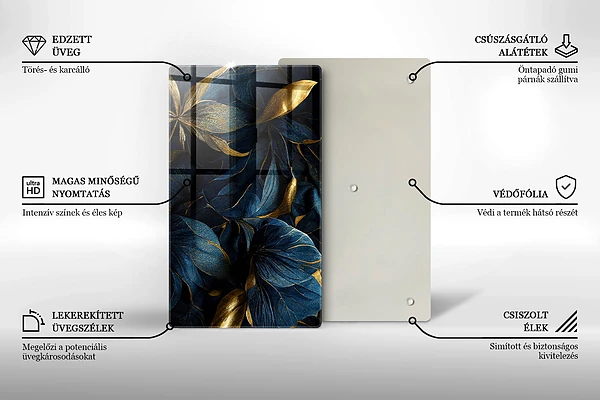 Tábua de corte com estampa de folhas decorativas e detalhes em ouro