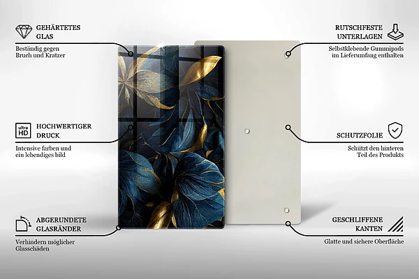 Tábua de corte com estampa de folhas decorativas e detalhes em ouro