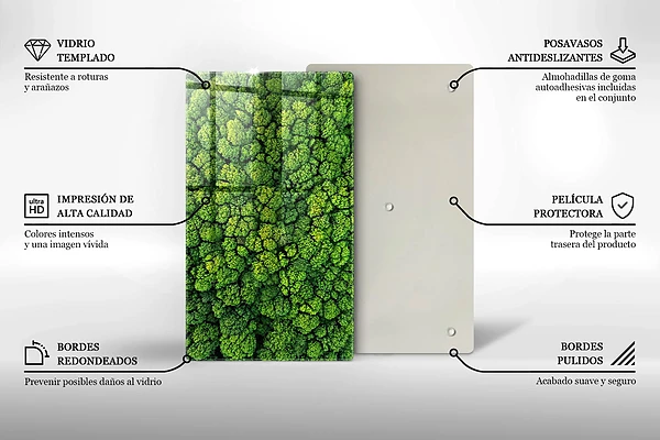 Tábua de corte de vidro com estampa de planta e musgo