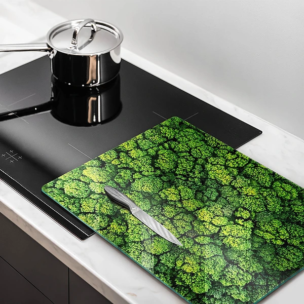 Tábua de corte de vidro com estampa de planta e musgo