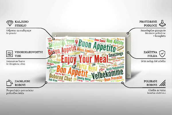 Tábua de cortar de vidro Bon appetit legendas idiomas