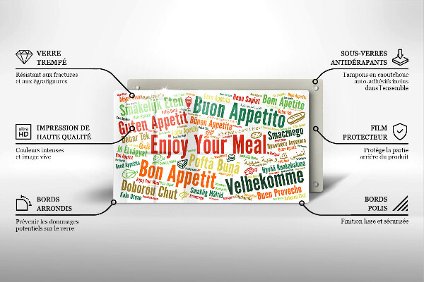 Tábua de cortar de vidro Bon appetit legendas idiomas