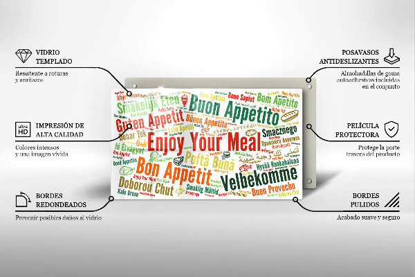 Tábua de cortar de vidro Bon appetit legendas idiomas