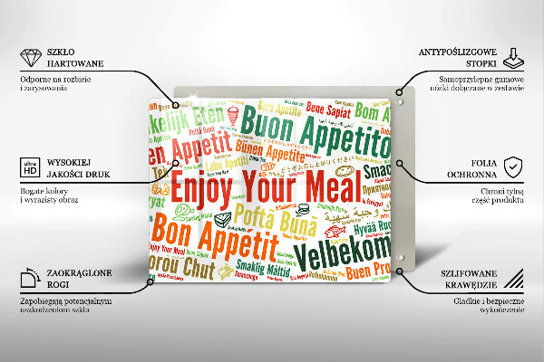 Tábua de cortar de vidro Bon appetit legendas idiomas