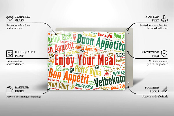 Tábua de cortar de vidro Bon appetit legendas idiomas