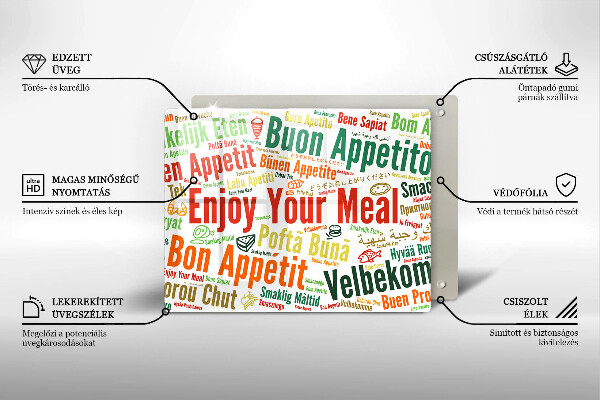 Tábua de cortar de vidro Bon appetit legendas idiomas