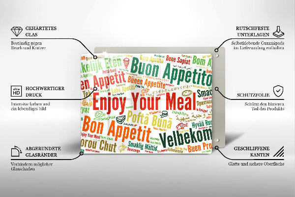 Tábua de cortar de vidro Bon appetit legendas idiomas