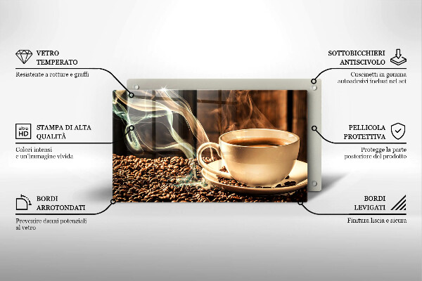 Tábua de corte de vidro Uma xícara e grãos de café