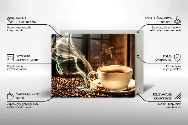 Tábua de corte de vidro Uma xícara e grãos de café