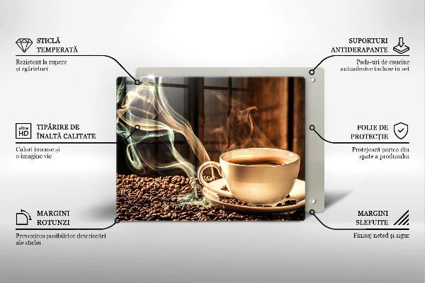 Tábua de corte de vidro Uma xícara e grãos de café