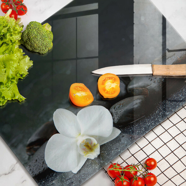 Tábua de vidro Pedras Zen de flores brancas