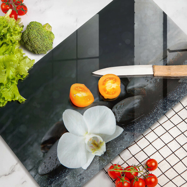 Tábua de vidro Pedras Zen de flores brancas