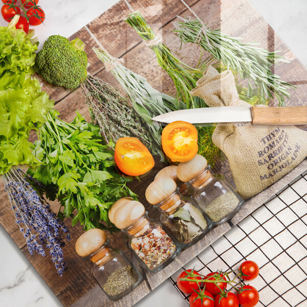 Tábua de vidro Ervas especiarias e madeira