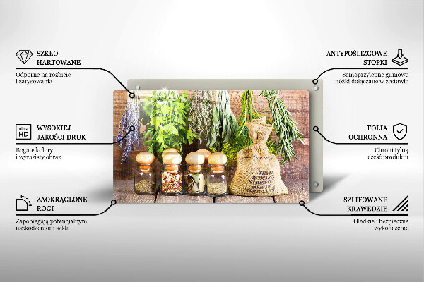 Tábua de vidro Ervas especiarias e madeira