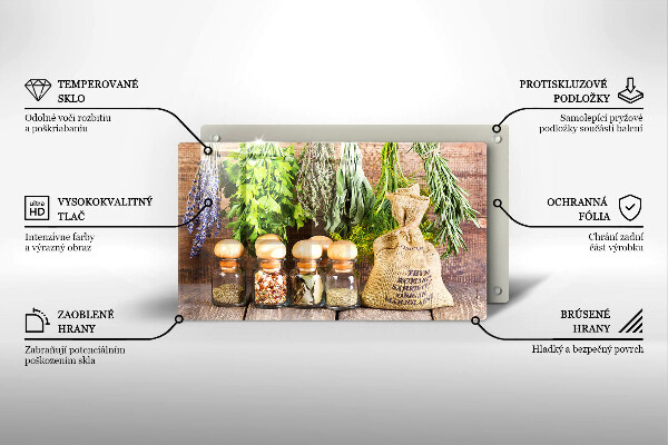 Tábua de vidro Ervas especiarias e madeira