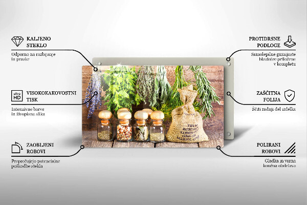 Tábua de vidro Ervas especiarias e madeira