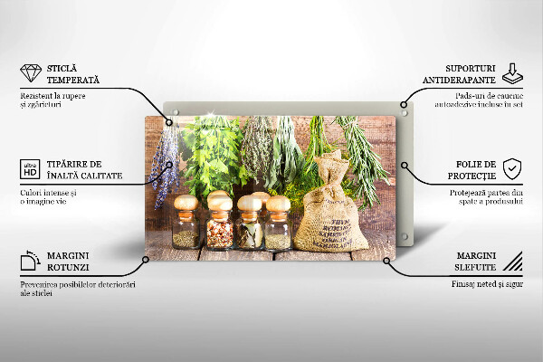 Tábua de vidro Ervas especiarias e madeira