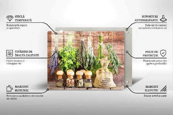 Tábua de vidro Ervas especiarias e madeira